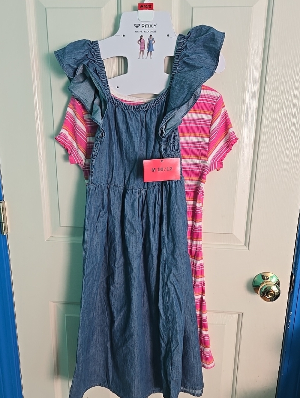 Roxy Girls Blue Denim Ruffle Strap Dress & Pink Strip Dress
